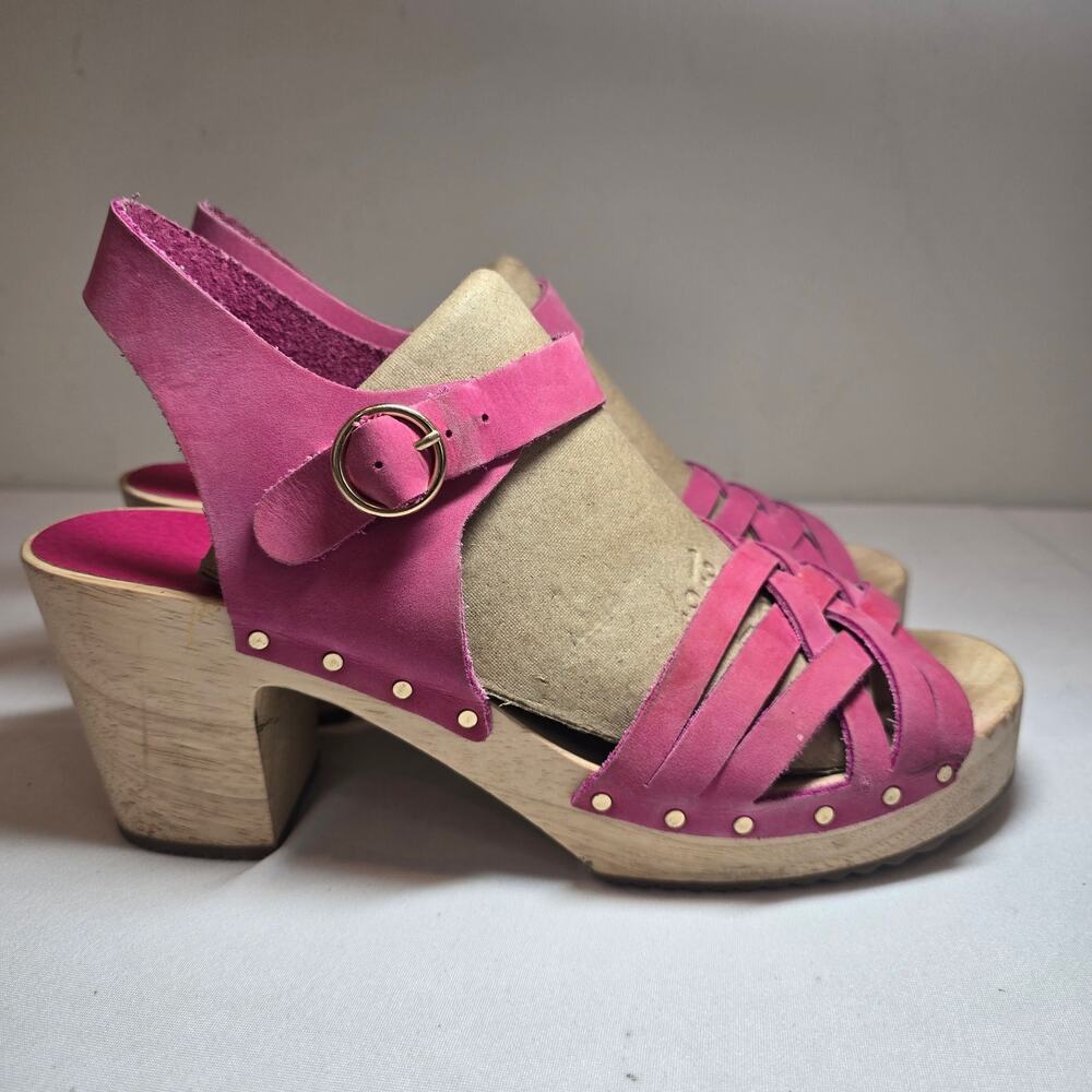 New LOFT Pink Woven Leather Platform Wood Sole Sandals. Size 40